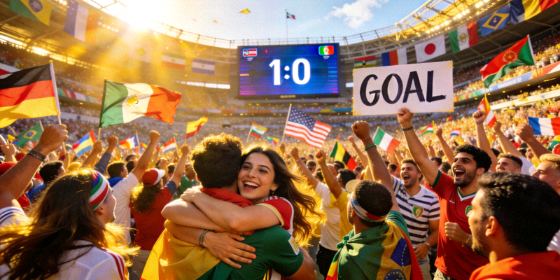 世界杯比赛现场球迷欢呼庆祝进球的壮观场面